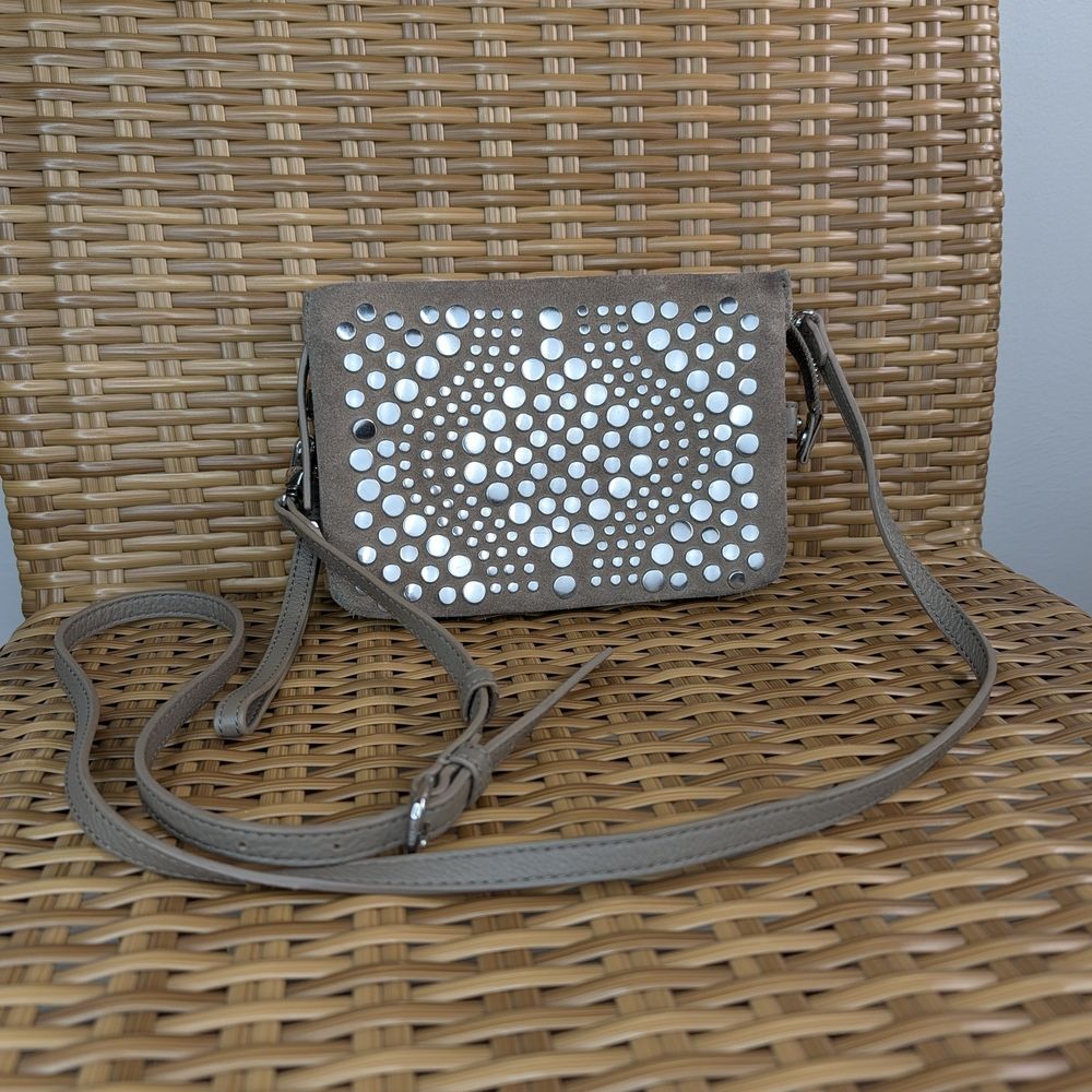 Vince Camuto Gray Leather Suede Crossbody Bag Clutch Silver Stud Detail Small